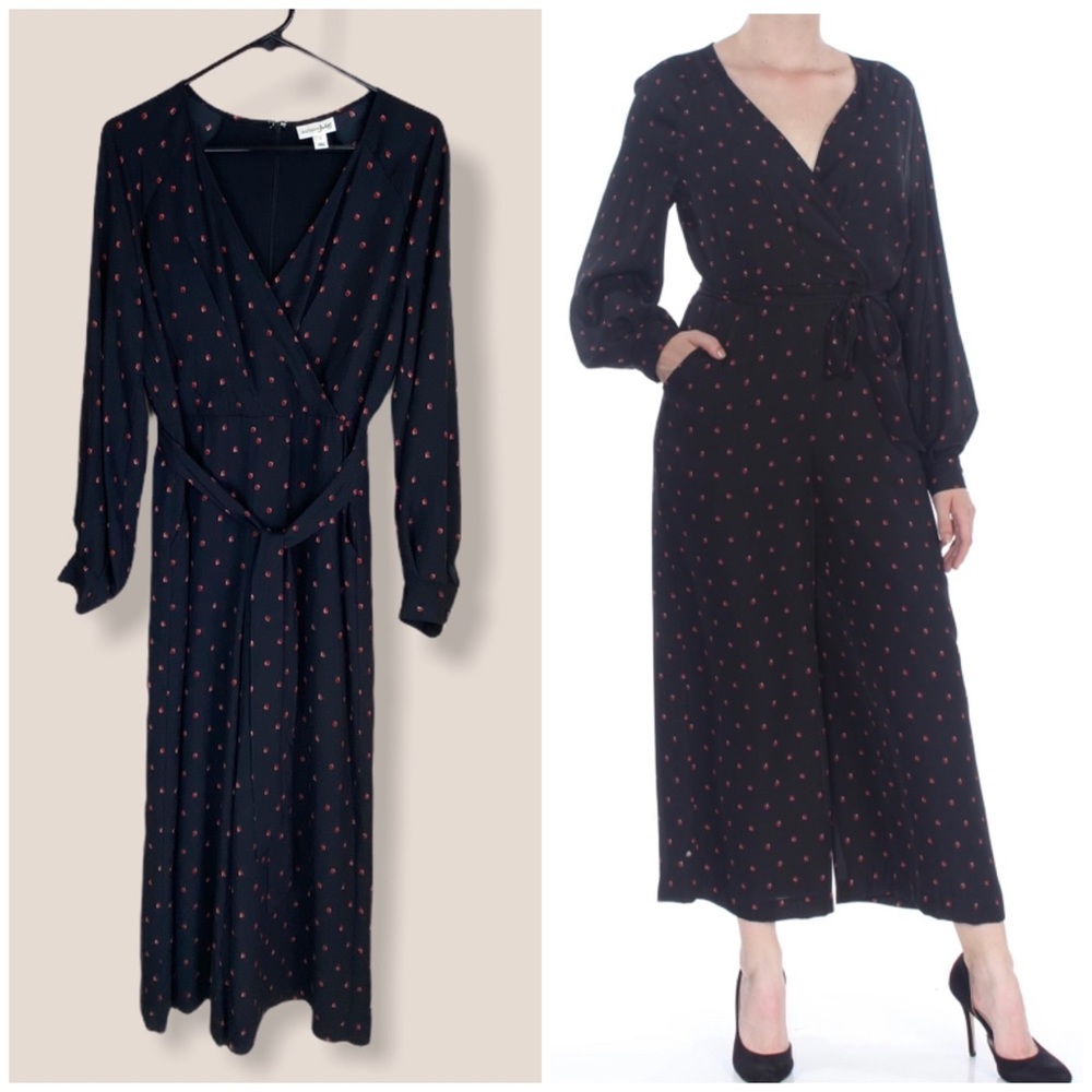 MAISON JULES Polka Dot Black V Neck Wide Leg Jumpsuit